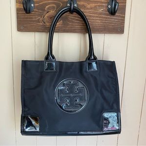Tory Burch Black Patent Leather Nylon Ella Tote Bag